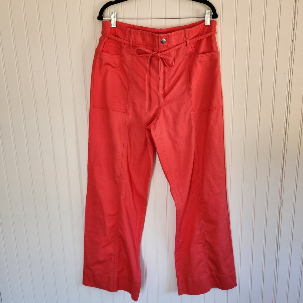 NEW LOFT Coral 100% Cotton Wide Leg Tie Belt Pants 12